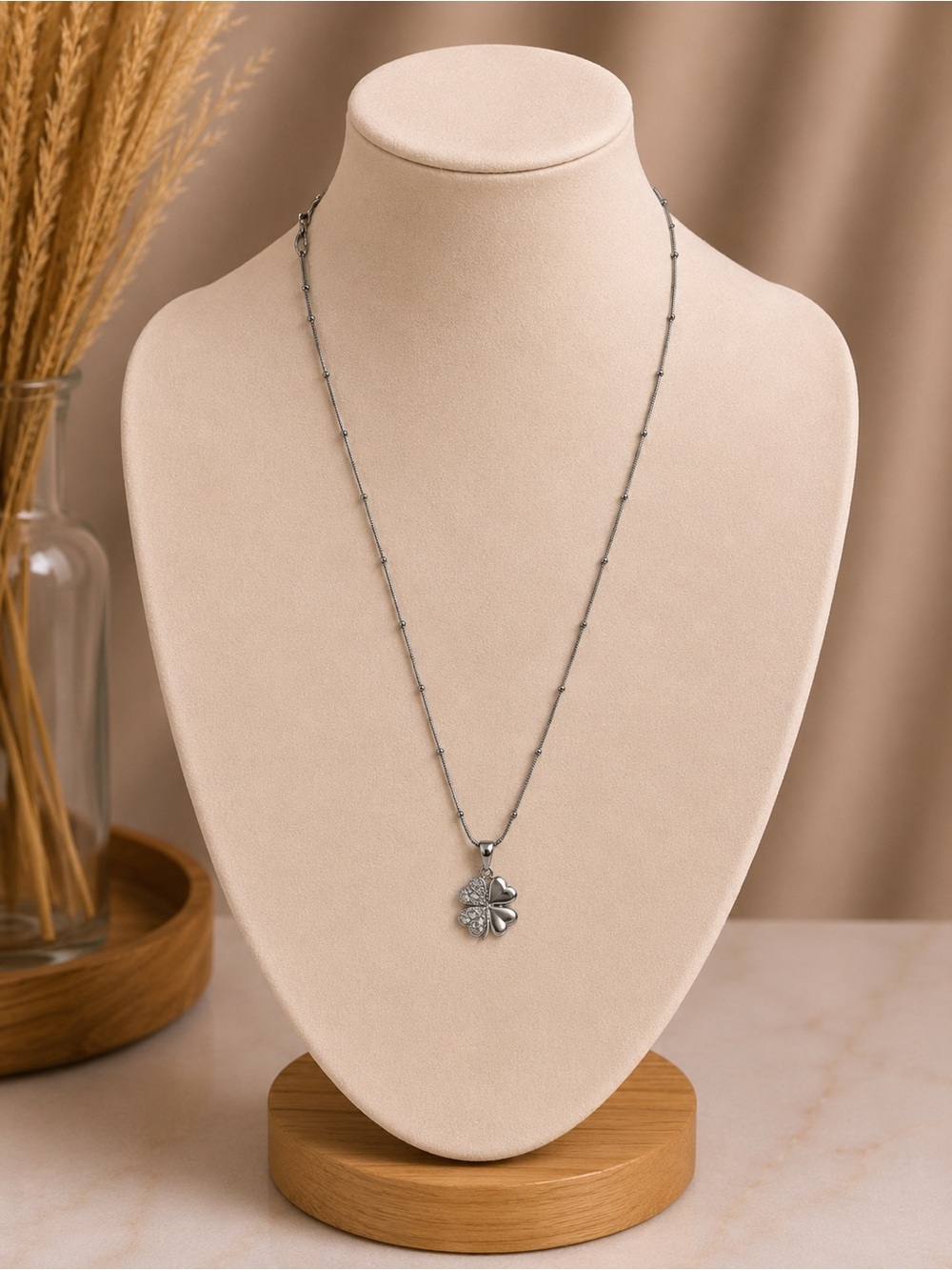White Gold Filled CZ Clover Pendant Necklace - Women Jewelry